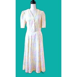 Vintage Country/prairie Yellow Floral Scalloped Neck Cotton Dress, No Size